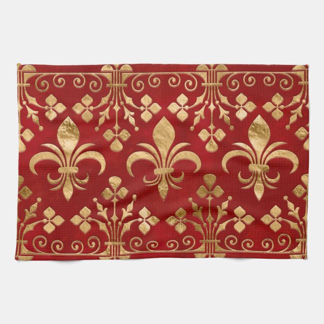 Paño De Cocina Ornamento Fleur-de-lis Rojo de lujo (Horizontal)