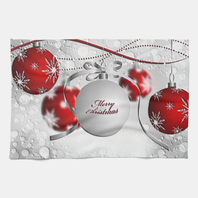 Paño De Cocina Ornamento navideño en plata y rojo (Horizontal)