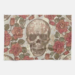 Paño De Cocina Ornamento retro de cráneos y Rosas
