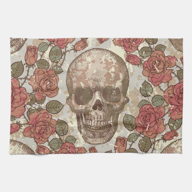 Paño De Cocina Ornamento retro de cráneos y Rosas (Horizontal)