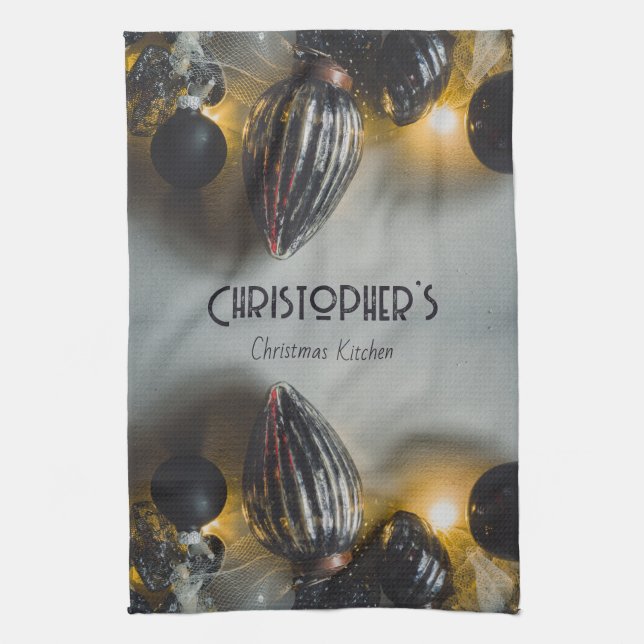 Paño De Cocina Ornamentos de Navidad Retro Gris Negro (Vertical)