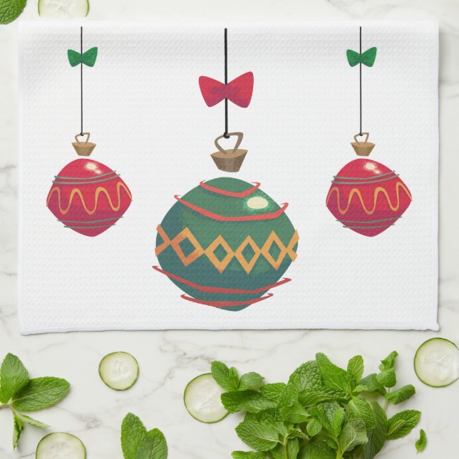 Paño De Cocina Ornamentos de Navidad Retro Rojo y Verde (Doblado)