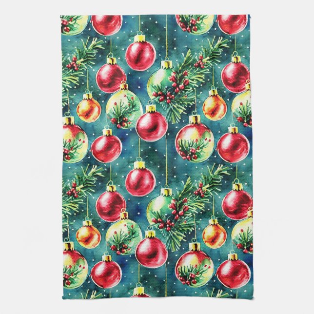 Paño De Cocina Ornamentos navideños acuarelas, verde rojo y Verde (Vertical)