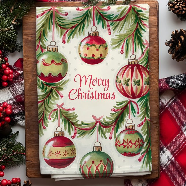 Paño De Cocina Ornamentos navideños y ramas de pino (Subido por el creador)