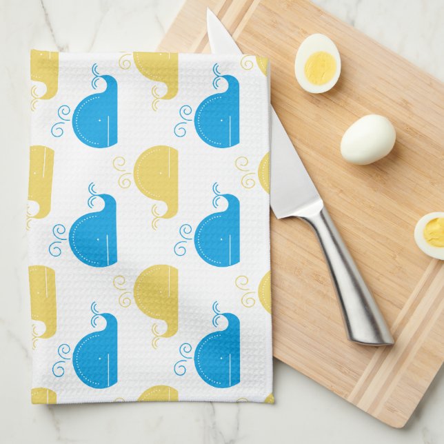 Paño De Cocina Oro azul y ballenas blancas (Doblado Cuarto)