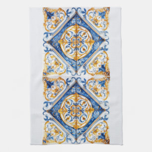 Paño De Cocina Oro Azul y Talavera Blanca Aspecto Azulejo Tile