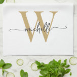 Paño De Cocina Oro Blanco Moderno con Nombre Personalizado en Let<br><div class="desc">Toalla de cocina personalizada con elegante diseño moderno femenino en blanco y dorado con monograma inicial del nombre en letra script. Este diseño presenta tu nombre en un bonito estilo de letra a mano con fuente de cola swash (o caligrafía) con monograma inicial en dorado y negro sobre fondo blanco....</div>