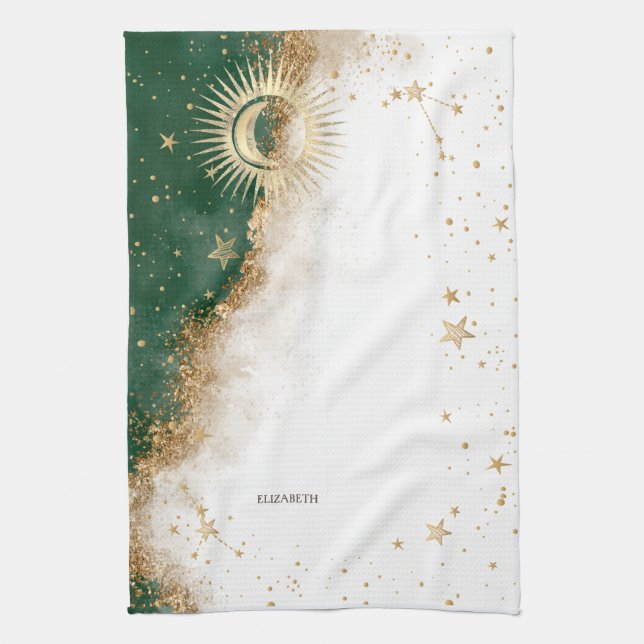 Paño De Cocina Oro Celestial Sol Y Luna Estrellas Verde (Vertical)