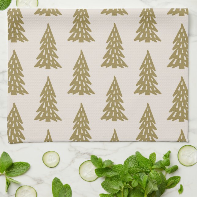 Paño De Cocina Oro del patrón de árbol de vacaciones de mediados  (Doblado)