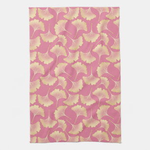 Paño De Cocina Oro Escandinavo Patrón Botánico Rosa Ginkgo
