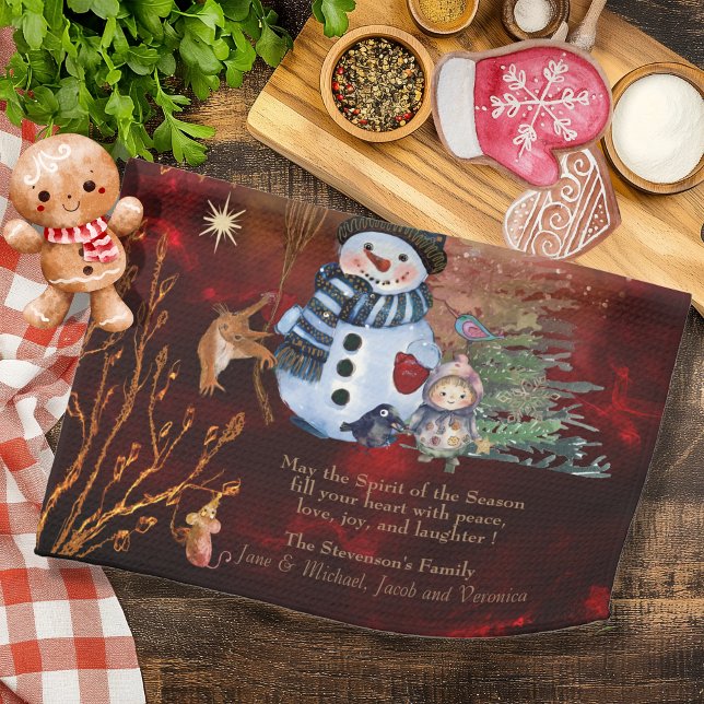 Paño De Cocina ORO ROJO Feliz Navidad, personajes bonitos (RED GOLD Merry Christmas, cute Characters Kitchen Towel)