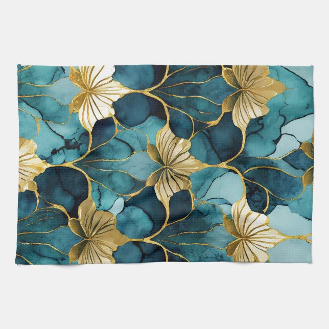 Paño De Cocina Oro Verde azulado floral japonés (Horizontal)