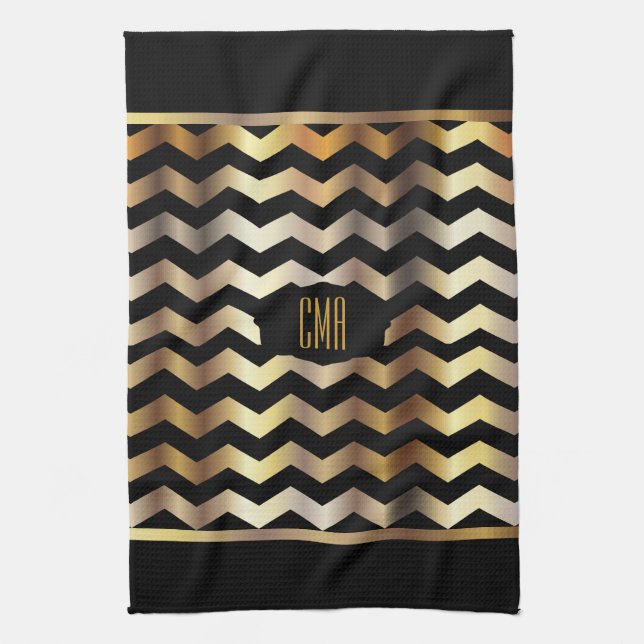 Paño De Cocina Oro y raya negra metálicos Chevron del monograma (Vertical)