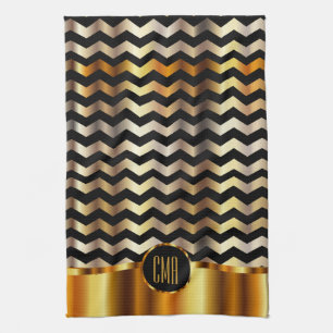 Paño De Cocina Oro y raya negra metálicos Chevron del monograma