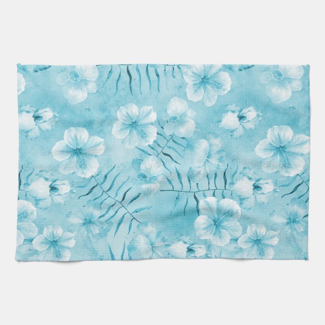 Paño De Cocina Orquídeas Blancas Aqua Tropicales Hibiscus Floral (Horizontal)