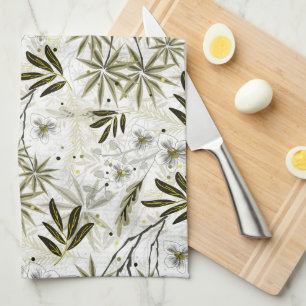 Paño De Cocina orquídeas blancas con hojas tropicales de oliva