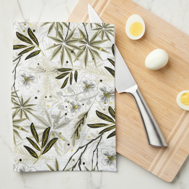 Paño De Cocina orquídeas blancas con hojas tropicales de oliva (Doblado Cuarto)