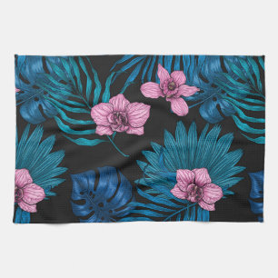 Paño De Cocina Orquídeas y hojas de palma, rosa y azul en negro