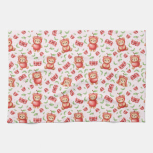 Paño De Cocina Oso de Cereza Adorable y Patrón Continuo de Frutas