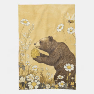 Paño De Cocina Oso de Miel en Prado de Flores Silvestres