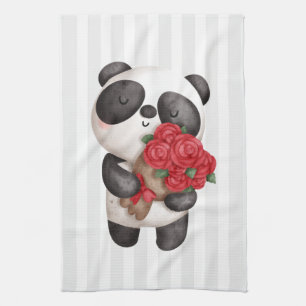 Paño De Cocina Oso de Panda con Rose Bouquet en franjas