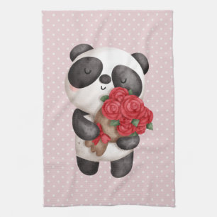 Paño De Cocina Oso de Panda con Rose Bouquet en puntos de Polka