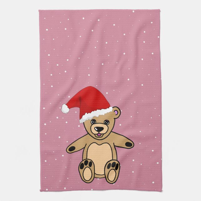 Paño De Cocina Oso de peluche con Navidades rosados de Santa Hat (Vertical)