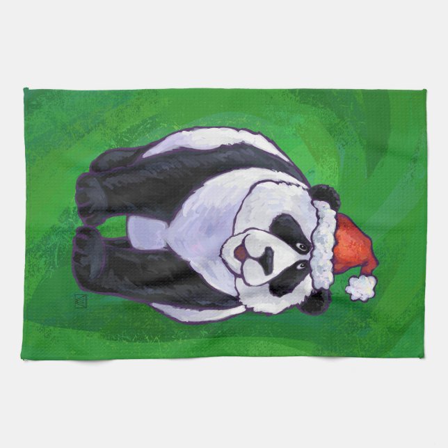 Paño De Cocina Oso Panda en Santa Hat en Green (Horizontal)