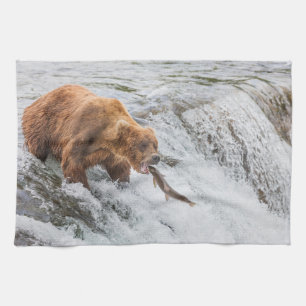 Paño De Cocina Oso pardo atrapa salmón rojo