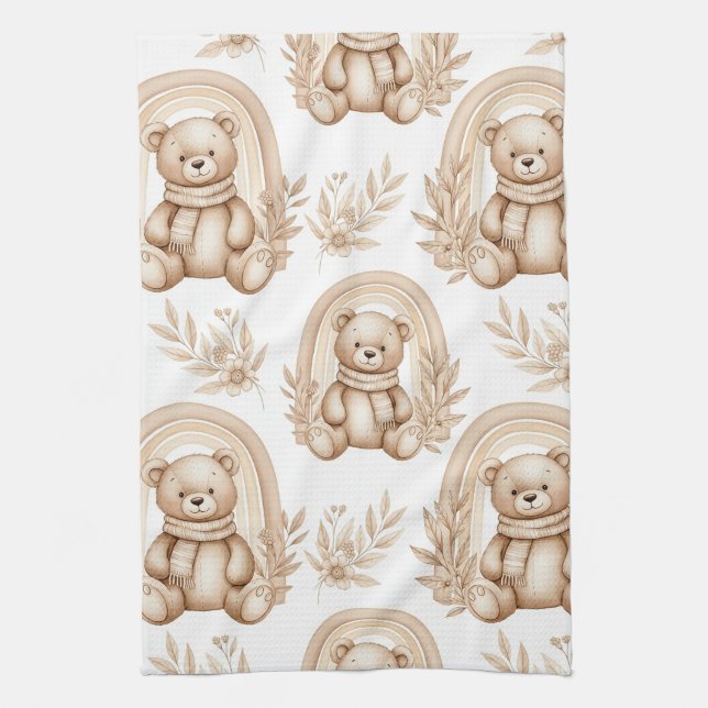 Paño De Cocina Oso Teddy Boho Arcoíris Floral Neutral (Vertical)