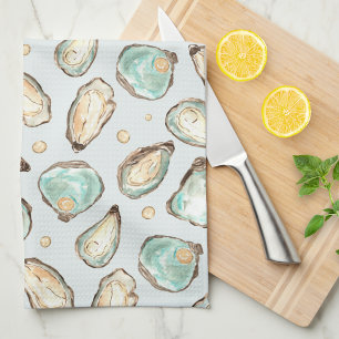 Paño De Cocina Ostión y Perla de acuarela costera