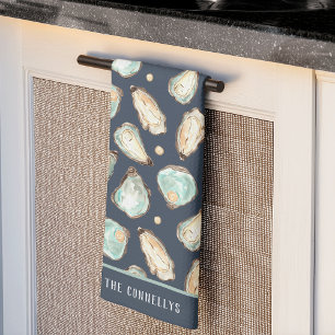 Paño De Cocina Ostión y Perla de acuarela costera personalizada