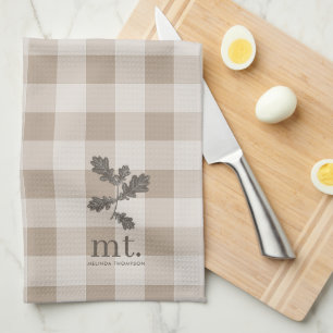 Paño De Cocina Otoño Caída Taupe Tapado Monograma Foliage Moderno