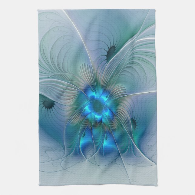Paño De Cocina Ovejas en pie, abstracto fractal turquesa azul (Vertical)