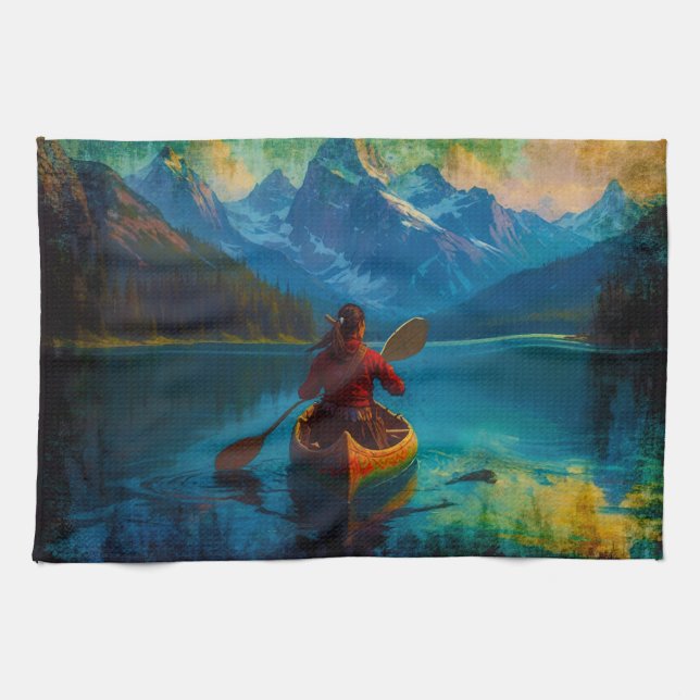 Paño De Cocina Paddler and Canoe de las naciones ricas canadiense (Horizontal)