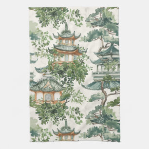 Paño De Cocina Pagoda asiática acuarela en paisaje verde (10)