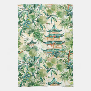 Paño De Cocina Pagoda asiática acuarela en paisaje verde (12)