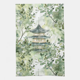 Paño De Cocina Pagoda asiática acuarela en paisaje verde (13)