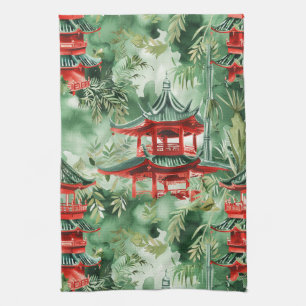 Paño De Cocina Pagoda asiática acuarela en paisaje verde (14)