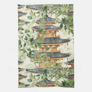 Paño De Cocina Pagoda asiática acuarela en paisaje verde (16)