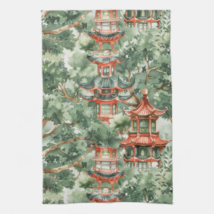 Paño De Cocina Pagoda asiática acuarela en paisaje verde (17)