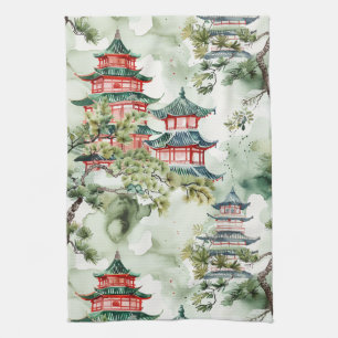 Paño De Cocina Pagoda asiática acuarela en paisaje verde (4)