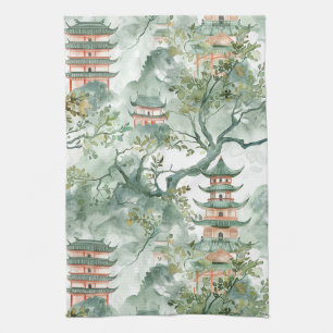 Paño De Cocina Pagoda asiática acuarela en paisaje verde (5)