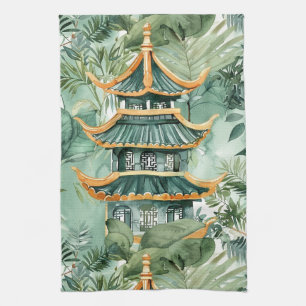 Paño De Cocina Pagoda asiática acuarela en paisaje verde (6)