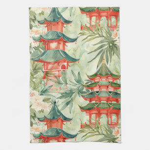 Paño De Cocina Pagoda asiática acuarela en paisaje verde (8)