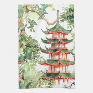Paño De Cocina Pagoda asiática acuarela en paisaje verde (9)