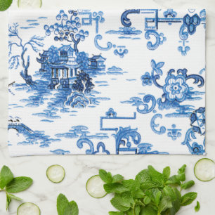 Paño De Cocina Pagoda Chinoiserie clásica azul y blanco