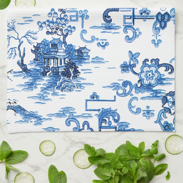 Paño De Cocina Pagoserie Chinoiserie clásica azul y blanco (Doblado)