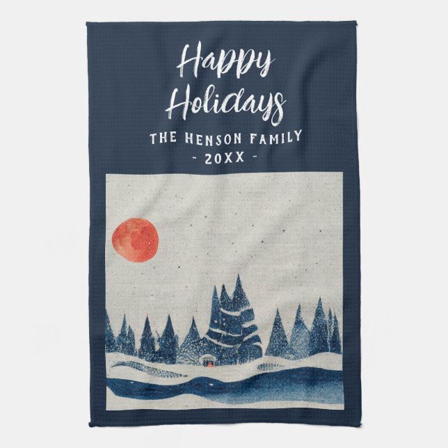 Paño De Cocina Paisaje invernal Bosque Moon Navy Dibujo Azul (Vertical)