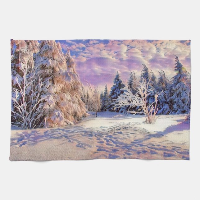 Paño De Cocina Paisaje invernal con árboles nevados acuarela (Horizontal)